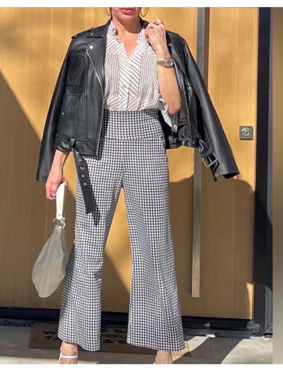 Cabi Bombshell Wide Leg Gingham Cropped Stretch Pull On Pants Sz M Black &White